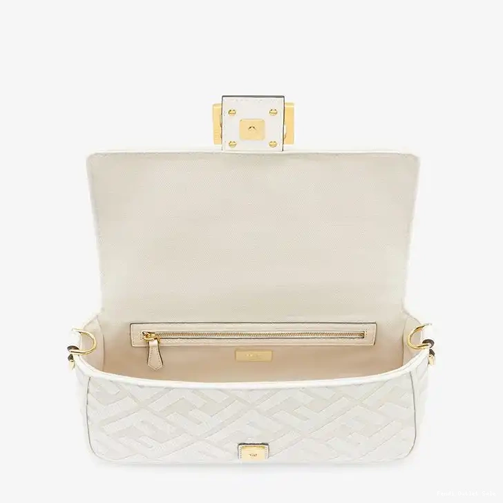 Cheap Baguette Cut White Fendi Canvas Medium In Motif FF Laser with Bag Strap 0405